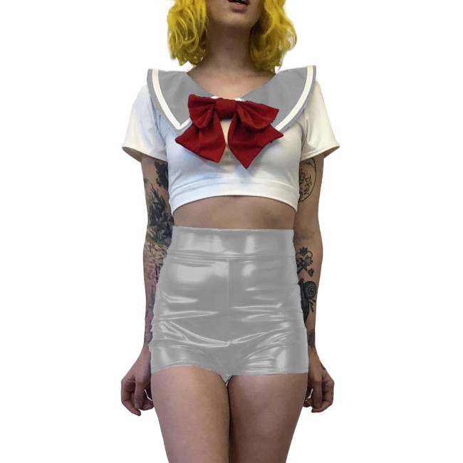 Women Sexy School Girl Costumes Metallic Patent Leather Student Uniform Party Club Outfits Naughty Japanese Student Cosplay 7XL