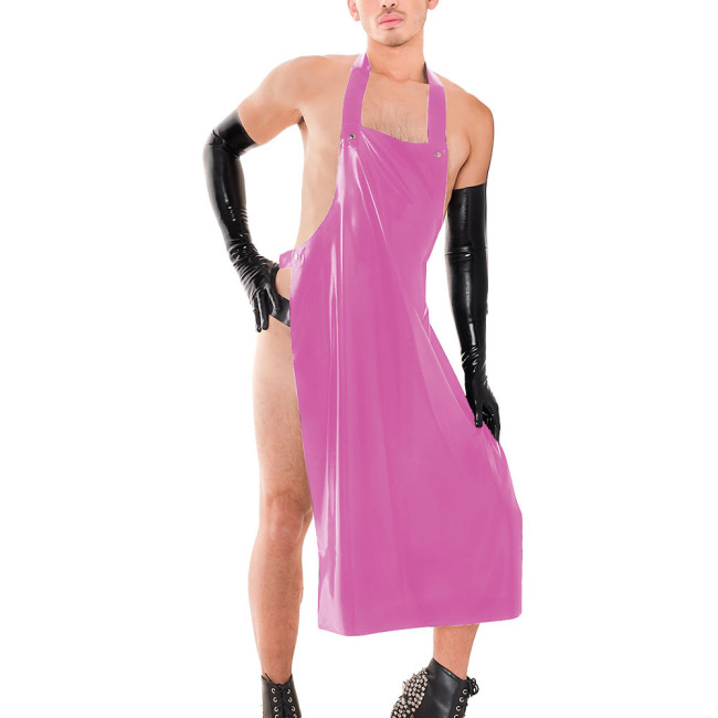 Sissy Male Hanging Neck Apron Knee-length Midi Dress Exotic Backless Men's Performance Costumes Wetlook PVC Leather Clubwear 7XL