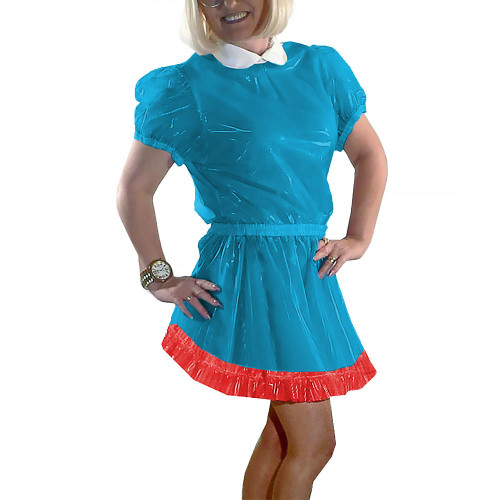 Plastic Transparent PVC Leather Dress Peter Pan Collar Puff Short Sleeved Vestidos Sweetheart  A-line Patchwork Female Dress