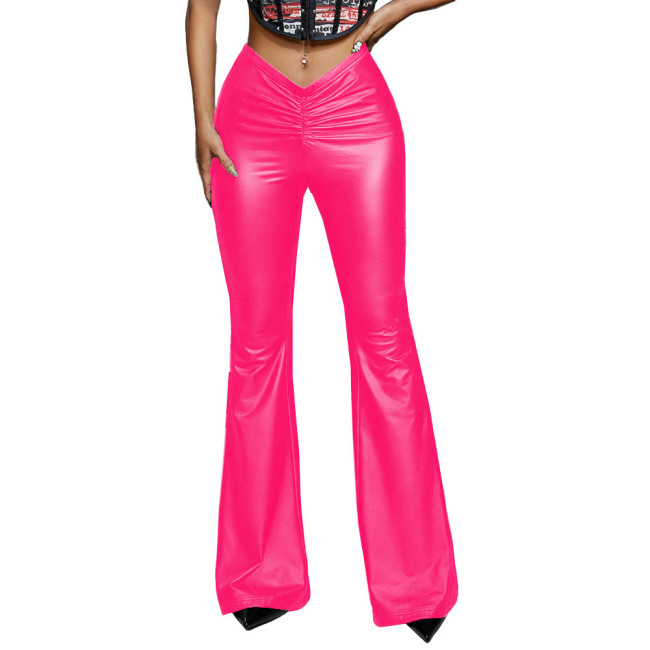 Sexy High Waist Flare Pants Women PU Faux Leather Drawstring Ruched Long Trousers Fashion Punk Casual Streetwear Bandage Bottoms