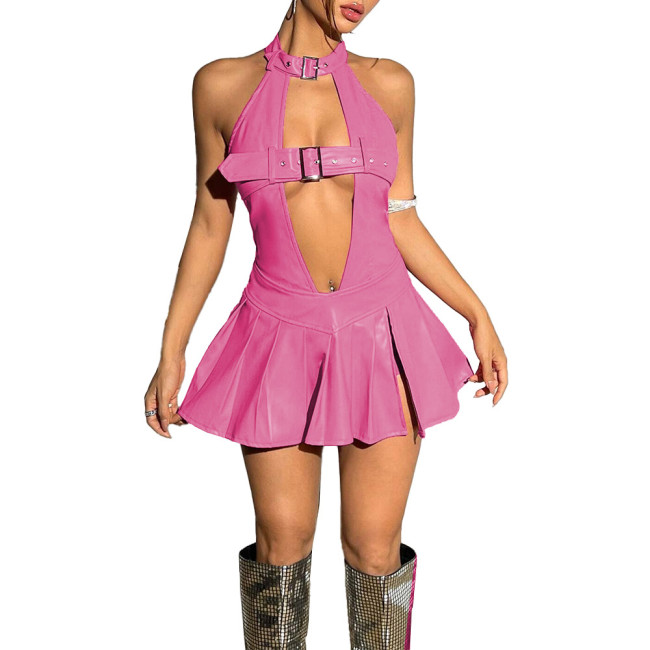 Sissy Sexy Hollow Out Dress Vinyl PVC Leather Women Sleeveless Backless Mini Dress Exotic Ruffled Dress Club Dancewear 7XL