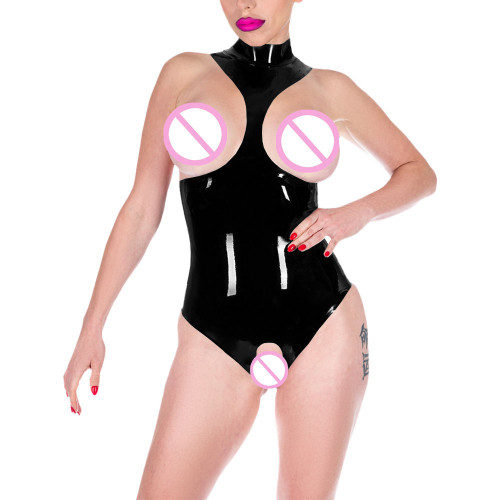 Adult Erotic Women Clubwear Open Cut Exposed Chest Bodysuits Sleeveless Turtleneck Zentai Skinny PVC Leather Performance Suit