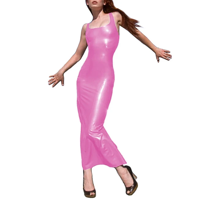 Square Neck Sleeveless Shoulder Bodycon Maxi Dress Faux Leather Ankle-Length Slim Sexy Dress Backless Vinyl Party Long Clubwear