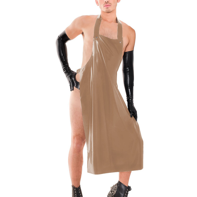 Sissy Male Hanging Neck Apron Knee-length Midi Dress Exotic Backless Men's Performance Costumes Wetlook PVC Leather Clubwear 7XL