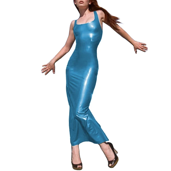 Square Neck Sleeveless Shoulder Bodycon Maxi Dress Faux Leather Ankle-Length Slim Sexy Dress Backless Vinyl Party Long Clubwear