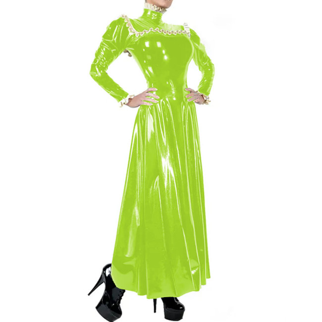 Ladies Elegant Long Dress High Neck Ruched Trims Long Sleeved Vestidos Bodycon Pleated Back Zip Wetlook PVC Leather Ball Gowns