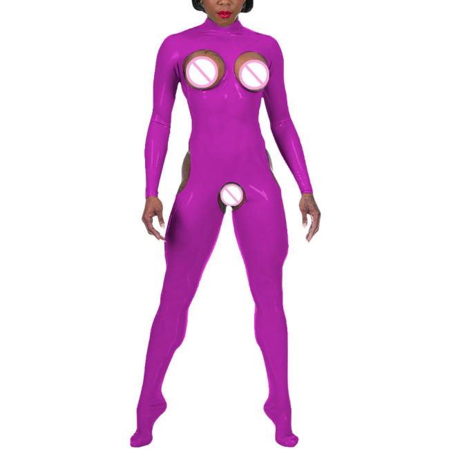 Candy Colors Jumpsuits Sissy Mock Foot Wraped Catsuits Chest Hollow Out Sexy Rompers Vinyl Patent Leather Bodycon Women Leotards