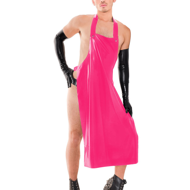 Sissy Male Hanging Neck Apron Knee-length Midi Dress Exotic Backless Men's Performance Costumes Wetlook PVC Leather Clubwear 7XL