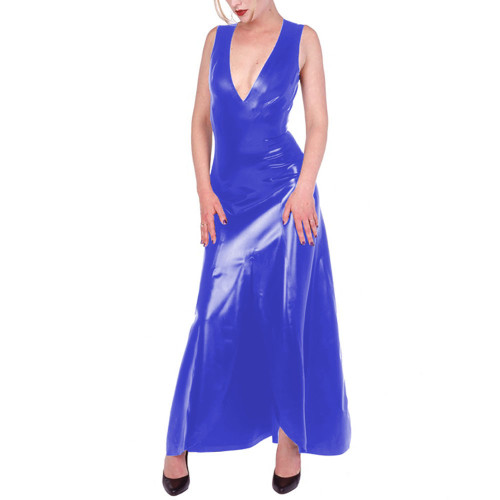 V-neck Vest Dress Wetlook PVC Leather Women Sleeveless Bodycon Long Dress Office Lady Daily Wear Vestido Feminino Sexy Dresses