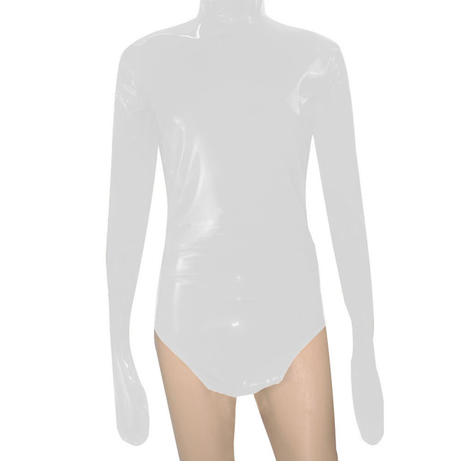 High Neck Catsuit PVC Vinyl Long Sleeve with Gloves Solid Exotic Bodysuit Wetlook Unisex Party Stretch Rompers Plus Size 7XL