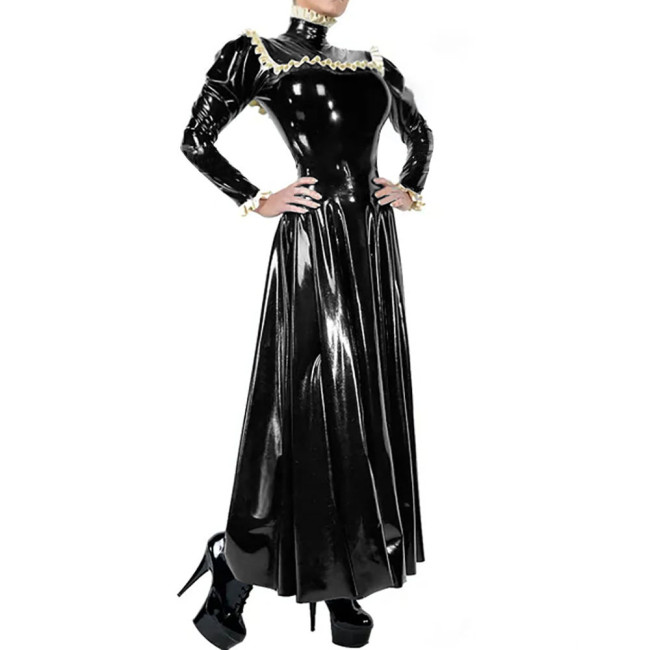Ladies Elegant Long Dress High Neck Ruched Trims Long Sleeved Vestidos Bodycon Pleated Back Zip Wetlook PVC Leather Ball Gowns