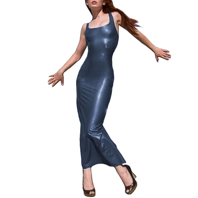 Square Neck Sleeveless Shoulder Bodycon Maxi Dress Faux Leather Ankle-Length Slim Sexy Dress Backless Vinyl Party Long Clubwear
