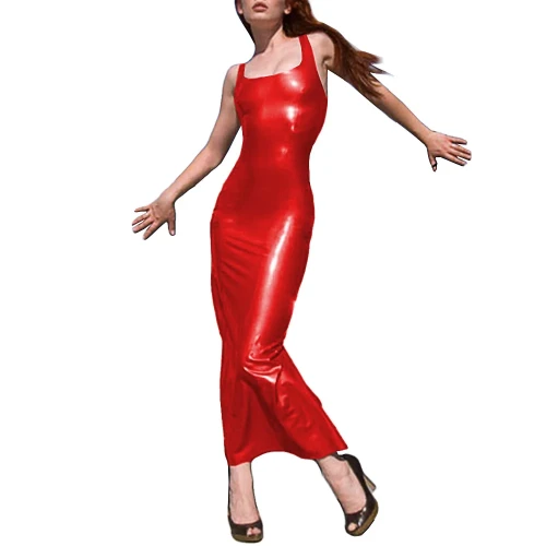 Square Neck Sleeveless Shoulder Bodycon Maxi Dress Faux Leather Ankle-Length Slim Sexy Dress Backless Vinyl Party Long Clubwear