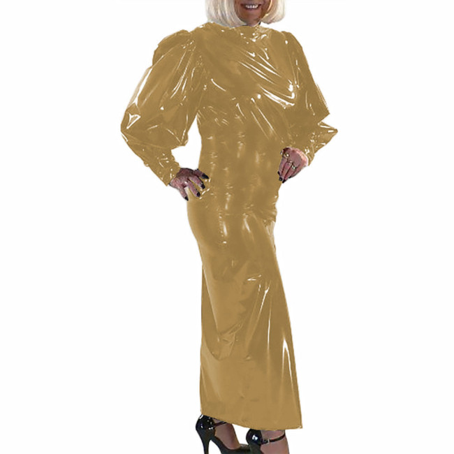 Elegant Long Dress Wet Look PVC Leather Long Puff Sleeve High Waist Maxi Dress Party Evening Bodycon Hobble Dress Clubwear