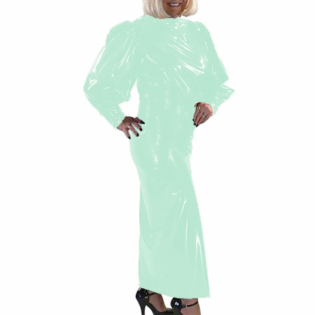 Elegant Long Dress Wet Look PVC Leather Long Puff Sleeve High Waist Maxi Dress Party Evening Bodycon Hobble Dress Clubwear