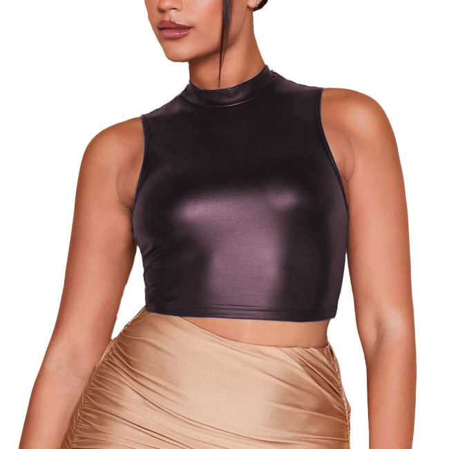 Ladies PU Leather Tank Tops Fashion Slim Sleeveless Sexy Short T-Shirt for Women Summer Sheather Croped Tops Female Casual Vest