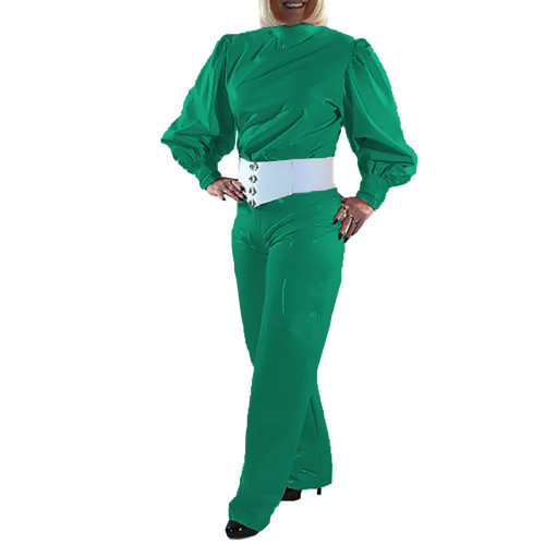 Women Turtleneck Bodycon Autumn Jumpsuits Wetlook PVC Leather Office Lady Elegance Jumpsuits Sissy Straight Leg Pants Jumpsuit
