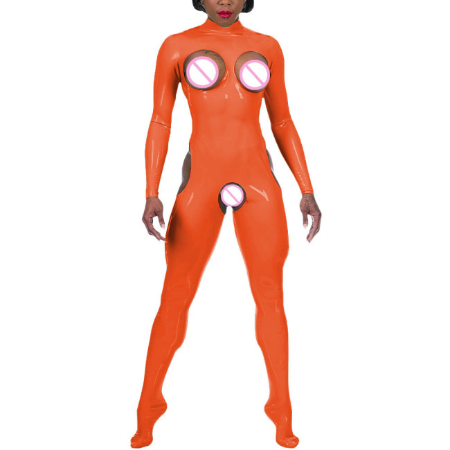 Candy Colors Jumpsuits Sissy Mock Foot Wraped Catsuits Chest Hollow Out Sexy Rompers Vinyl Patent Leather Bodycon Women Leotards