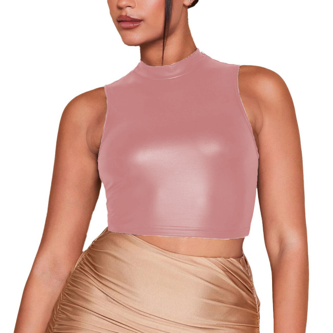 Ladies PU Leather Tank Tops Fashion Slim Sleeveless Sexy Short T-Shirt for Women Summer Sheather Croped Tops Female Casual Vest