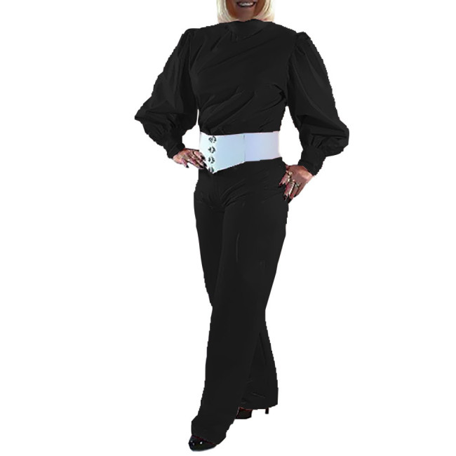 Women Turtleneck Bodycon Autumn Jumpsuits Wetlook PVC Leather Office Lady Elegance Jumpsuits Sissy Straight Leg Pants Jumpsuit