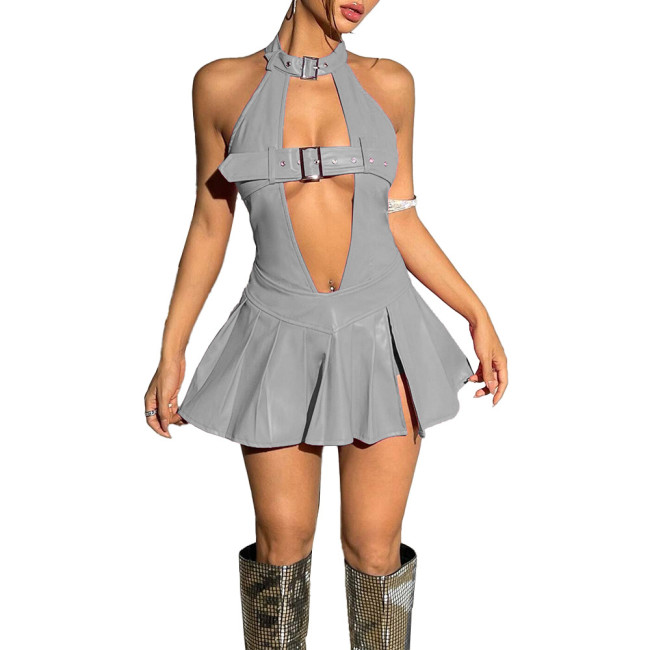 Sissy Sexy Hollow Out Dress Vinyl PVC Leather Women Sleeveless Backless Mini Dress Exotic Ruffled Dress Club Dancewear 7XL