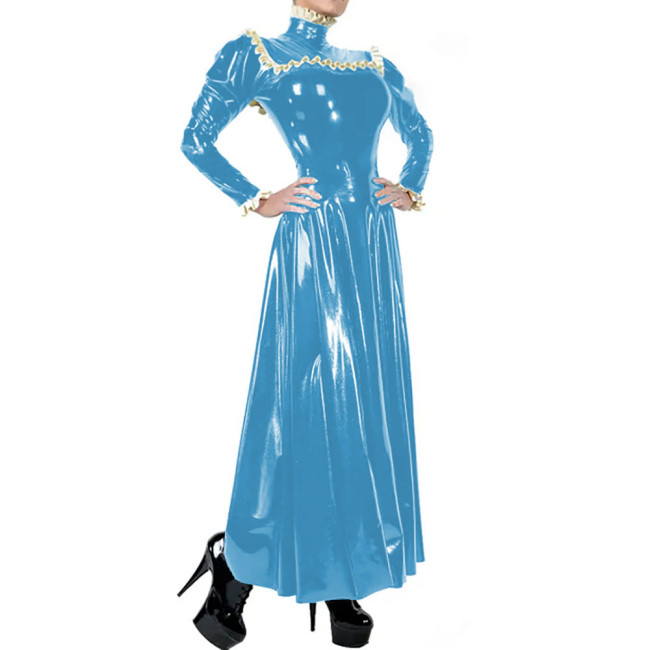 Ladies Elegant Long Dress High Neck Ruched Trims Long Sleeved Vestidos Bodycon Pleated Back Zip Wetlook PVC Leather Ball Gowns