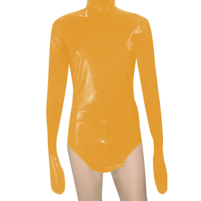 High Neck Catsuit PVC Vinyl Long Sleeve with Gloves Solid Exotic Bodysuit Wetlook Unisex Party Stretch Rompers Plus Size 7XL