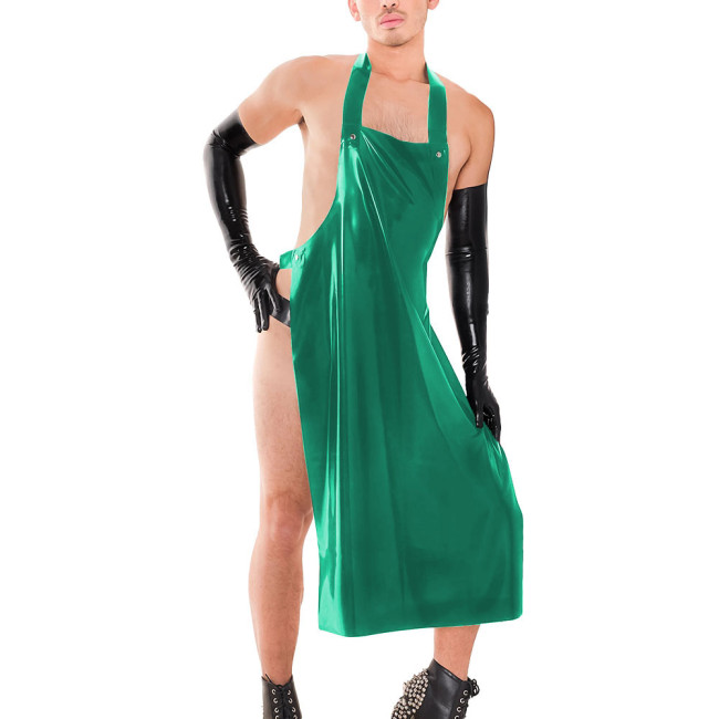 Sissy Male Hanging Neck Apron Knee-length Midi Dress Exotic Backless Men's Performance Costumes Wetlook PVC Leather Clubwear 7XL