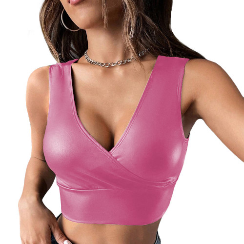 Sexy PU Faux Leather V-Neck Cropped Top Womens Lingerie Fashion High Street Sleeveless Vest Tank Tops Punk Nightclub Party Camis