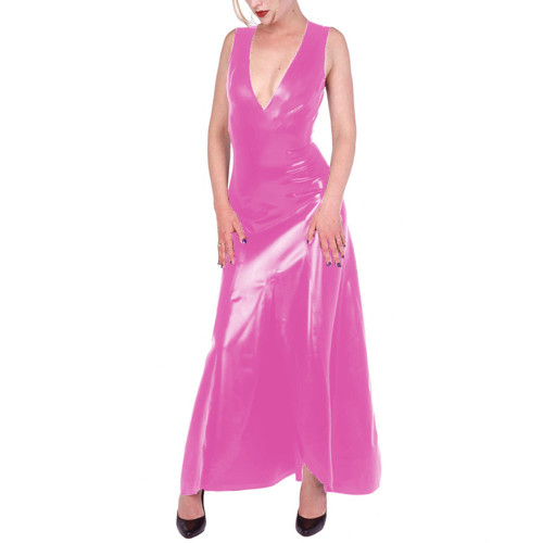 V-neck Vest Dress Wetlook PVC Leather Women Sleeveless Bodycon Long Dress Office Lady Daily Wear Vestido Feminino Sexy Dresses