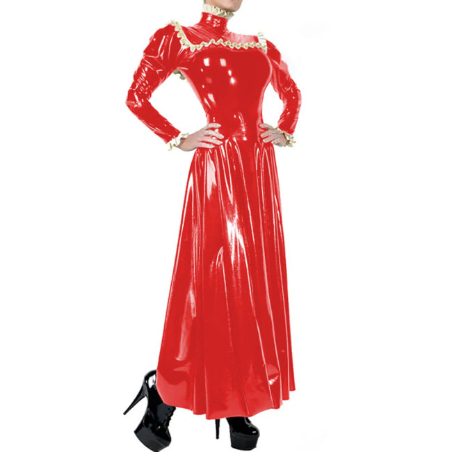 Ladies Elegant Long Dress High Neck Ruched Trims Long Sleeved Vestidos Bodycon Pleated Back Zip Wetlook PVC Leather Ball Gowns