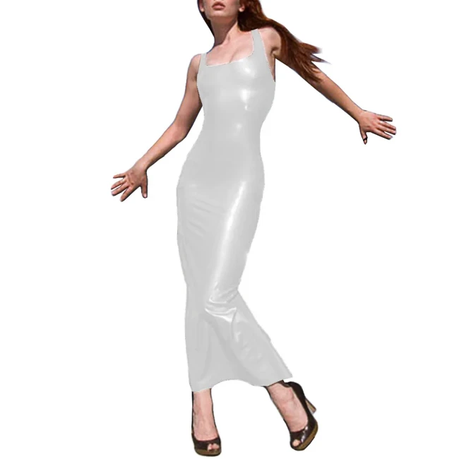 Square Neck Sleeveless Shoulder Bodycon Maxi Dress Faux Leather Ankle-Length Slim Sexy Dress Backless Vinyl Party Long Clubwear