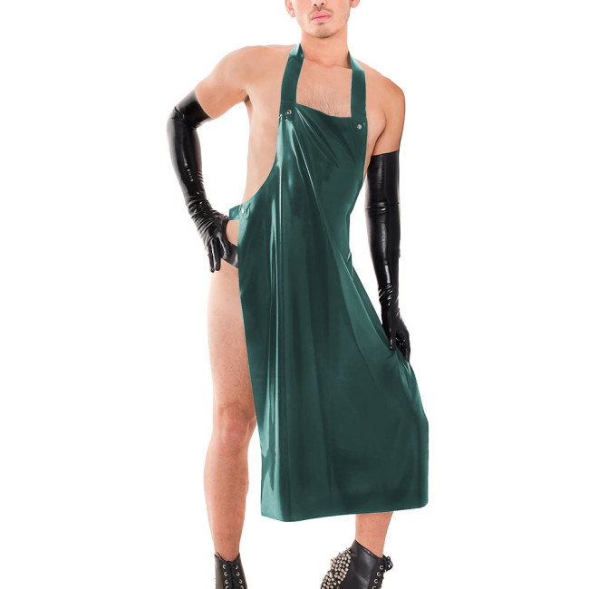 Sissy Male Hanging Neck Apron Knee-length Midi Dress Exotic Backless Men's Performance Costumes Wetlook PVC Leather Clubwear 7XL