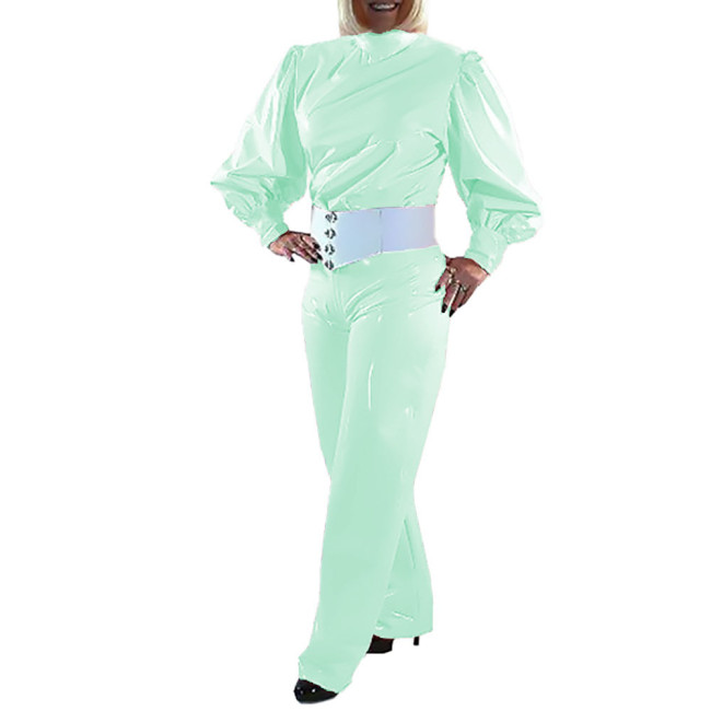 Women Turtleneck Bodycon Autumn Jumpsuits Wetlook PVC Leather Office Lady Elegance Jumpsuits Sissy Straight Leg Pants Jumpsuit