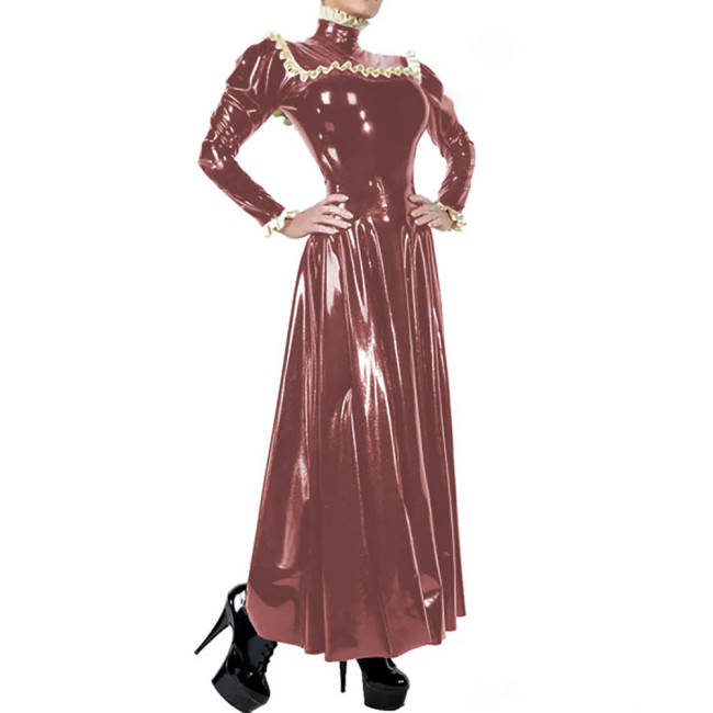 Ladies Elegant Long Dress High Neck Ruched Trims Long Sleeved Vestidos Bodycon Pleated Back Zip Wetlook PVC Leather Ball Gowns