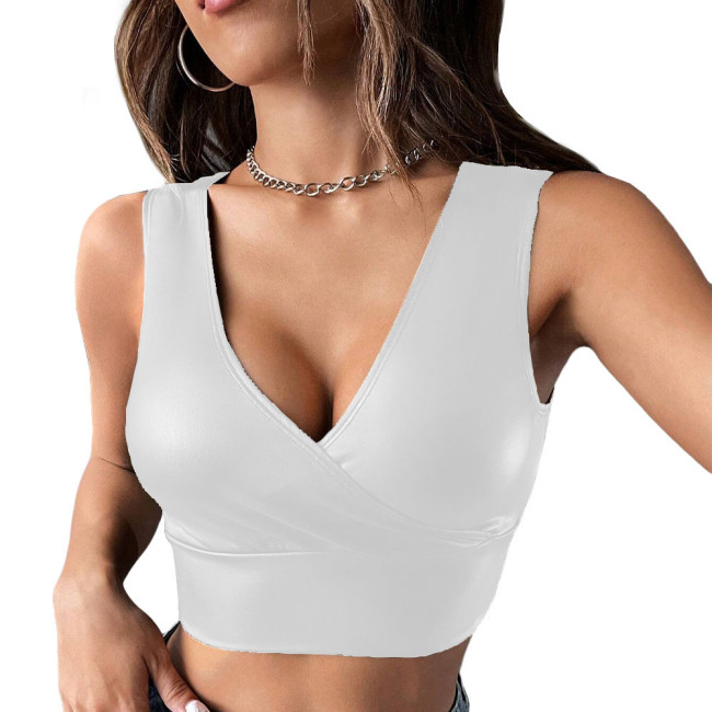 Sexy PU Faux Leather V-Neck Cropped Top Womens Lingerie Fashion High Street Sleeveless Vest Tank Tops Punk Nightclub Party Camis