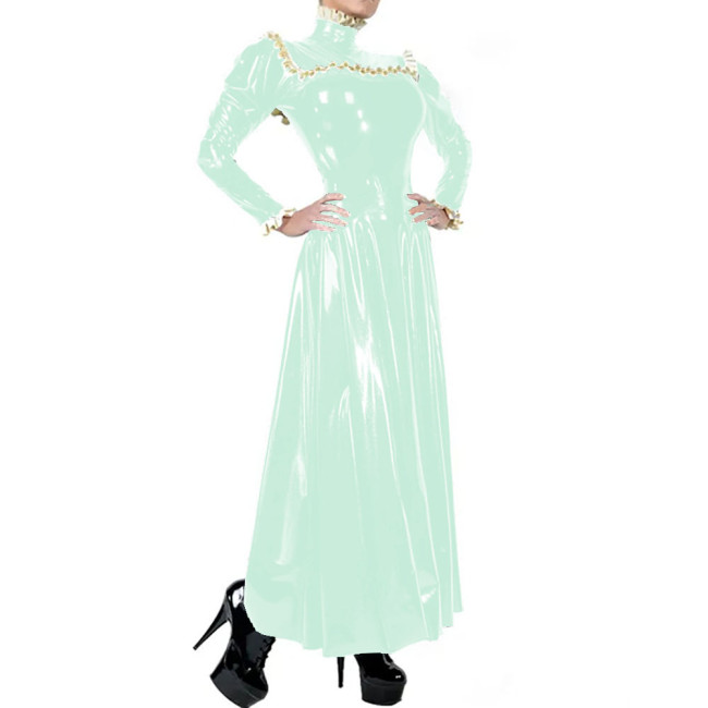 Ladies Elegant Long Dress High Neck Ruched Trims Long Sleeved Vestidos Bodycon Pleated Back Zip Wetlook PVC Leather Ball Gowns