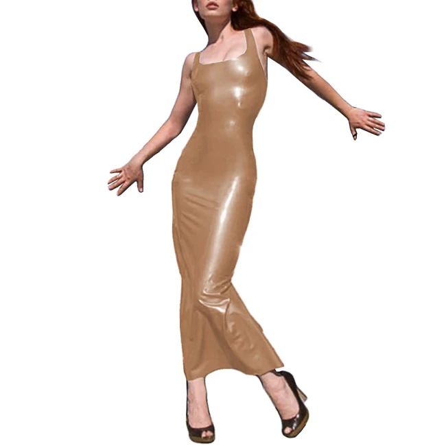 Square Neck Sleeveless Shoulder Bodycon Maxi Dress Faux Leather Ankle-Length Slim Sexy Dress Backless Vinyl Party Long Clubwear