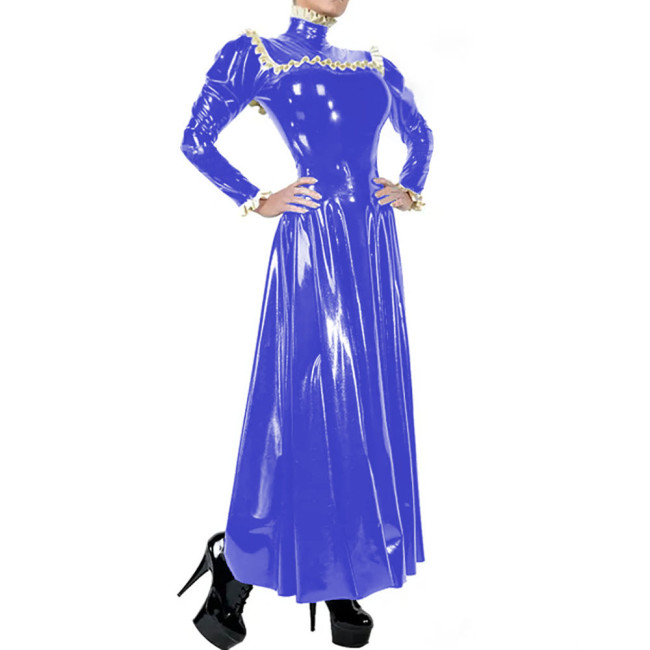 Ladies Elegant Long Dress High Neck Ruched Trims Long Sleeved Vestidos Bodycon Pleated Back Zip Wetlook PVC Leather Ball Gowns