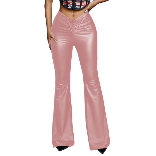Sexy High Waist Flare Pants Women PU Faux Leather Drawstring Ruched Long Trousers Fashion Punk Casual Streetwear Bandage Bottoms