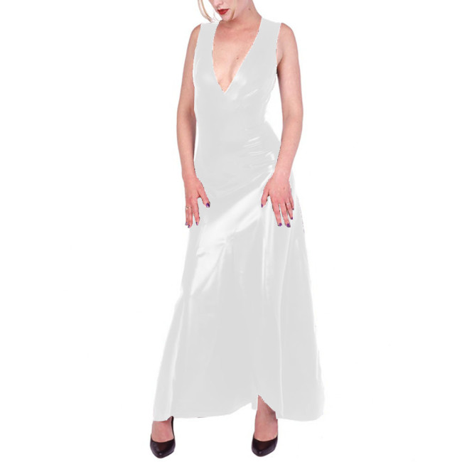 V-neck Vest Dress Wetlook PVC Leather Women Sleeveless Bodycon Long Dress Office Lady Daily Wear Vestido Feminino Sexy Dresses