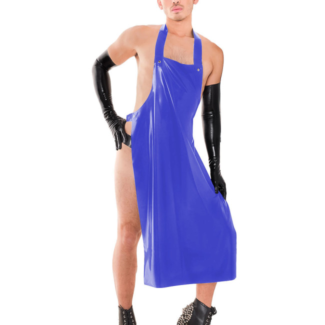 Sissy Male Hanging Neck Apron Knee-length Midi Dress Exotic Backless Men's Performance Costumes Wetlook PVC Leather Clubwear 7XL