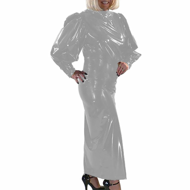 Elegant Long Dress Wet Look PVC Leather Long Puff Sleeve High Waist Maxi Dress Party Evening Bodycon Hobble Dress Clubwear