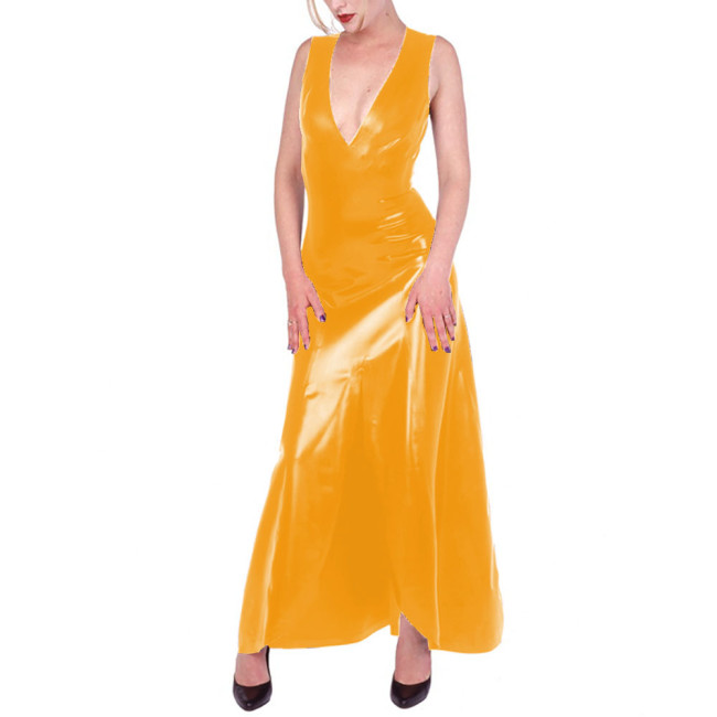 V-neck Vest Dress Wetlook PVC Leather Women Sleeveless Bodycon Long Dress Office Lady Daily Wear Vestido Feminino Sexy Dresses