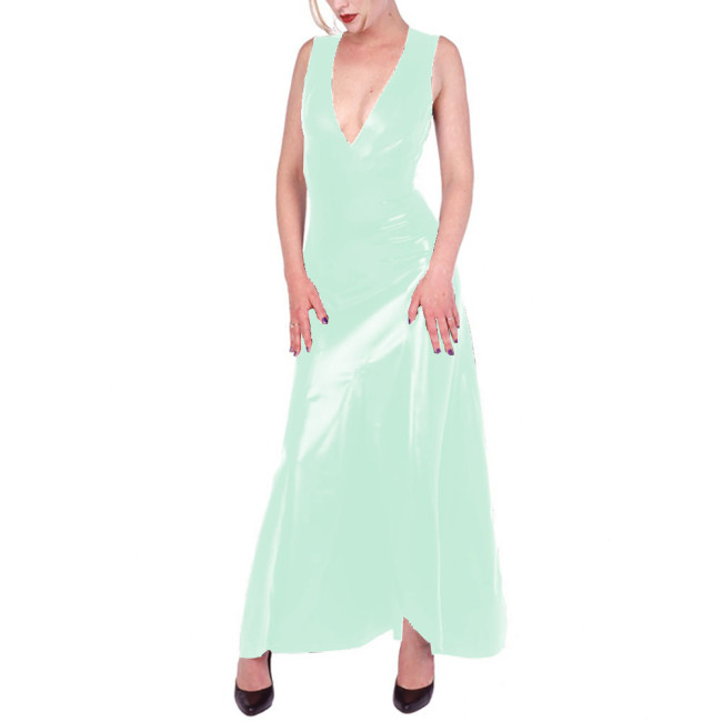 V-neck Vest Dress Wetlook PVC Leather Women Sleeveless Bodycon Long Dress Office Lady Daily Wear Vestido Feminino Sexy Dresses