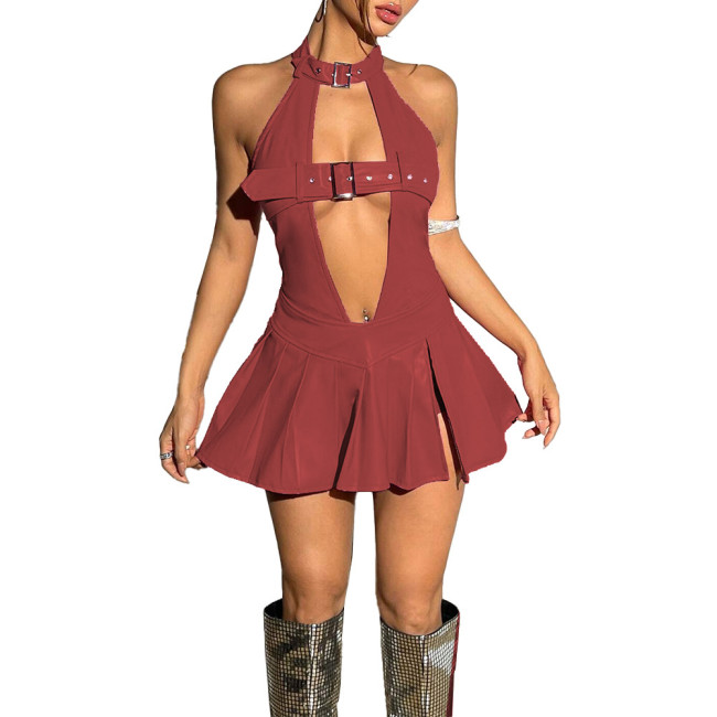 Sissy Sexy Hollow Out Dress Vinyl PVC Leather Women Sleeveless Backless Mini Dress Exotic Ruffled Dress Club Dancewear 7XL