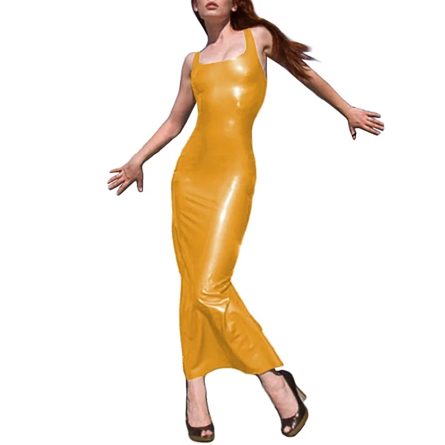 Square Neck Sleeveless Shoulder Bodycon Maxi Dress Faux Leather Ankle-Length Slim Sexy Dress Backless Vinyl Party Long Clubwear