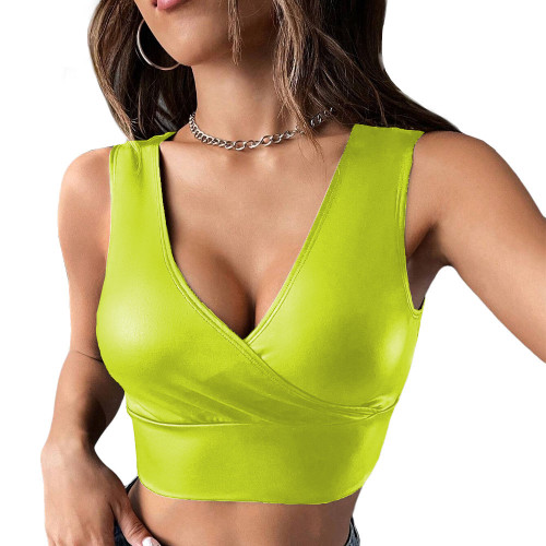 Sexy PU Faux Leather V-Neck Cropped Top Womens Lingerie Fashion High Street Sleeveless Vest Tank Tops Punk Nightclub Party Camis