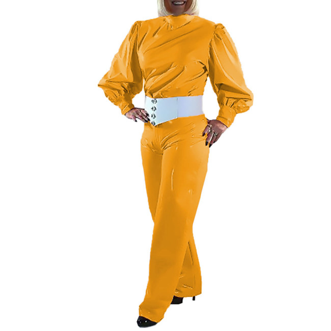 Women Turtleneck Bodycon Autumn Jumpsuits Wetlook PVC Leather Office Lady Elegance Jumpsuits Sissy Straight Leg Pants Jumpsuit