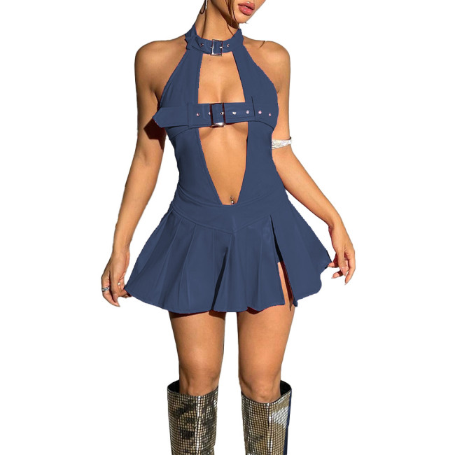 Sissy Sexy Hollow Out Dress Vinyl PVC Leather Women Sleeveless Backless Mini Dress Exotic Ruffled Dress Club Dancewear 7XL